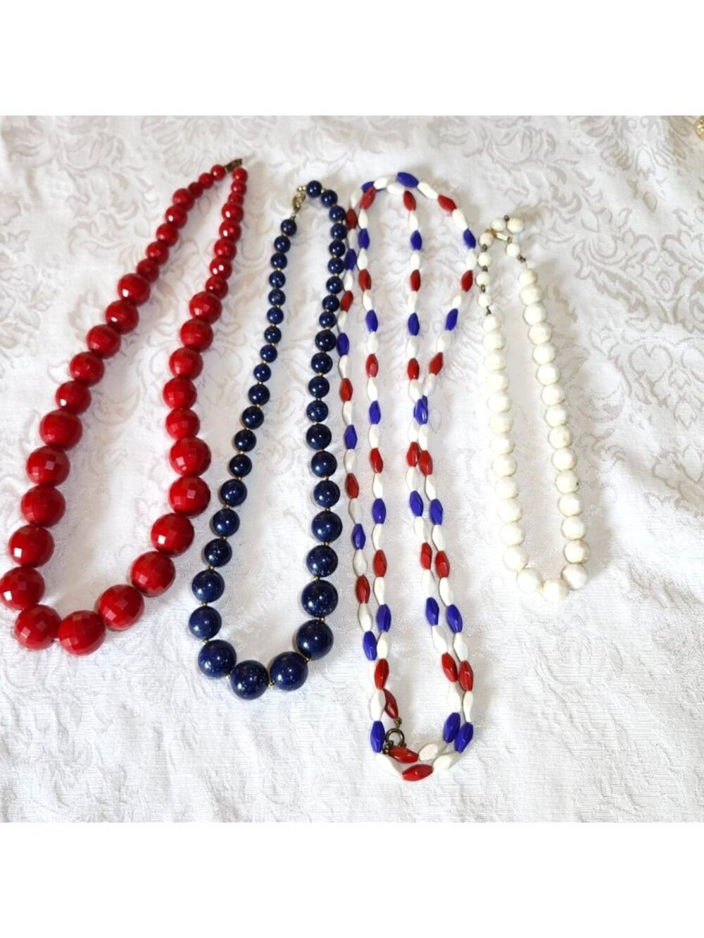 Vintage Red White & Blue Beaded Necklaces Set Of 4 Patriotic Colors Acrylic & Gl